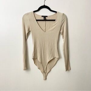 Cream Ribbed Long Sleeve V-Neck Bodysuit